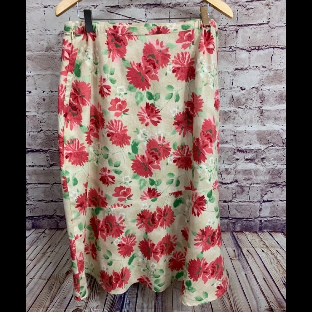 JM Collection Beige Floral 100% Linen A Line Skirt